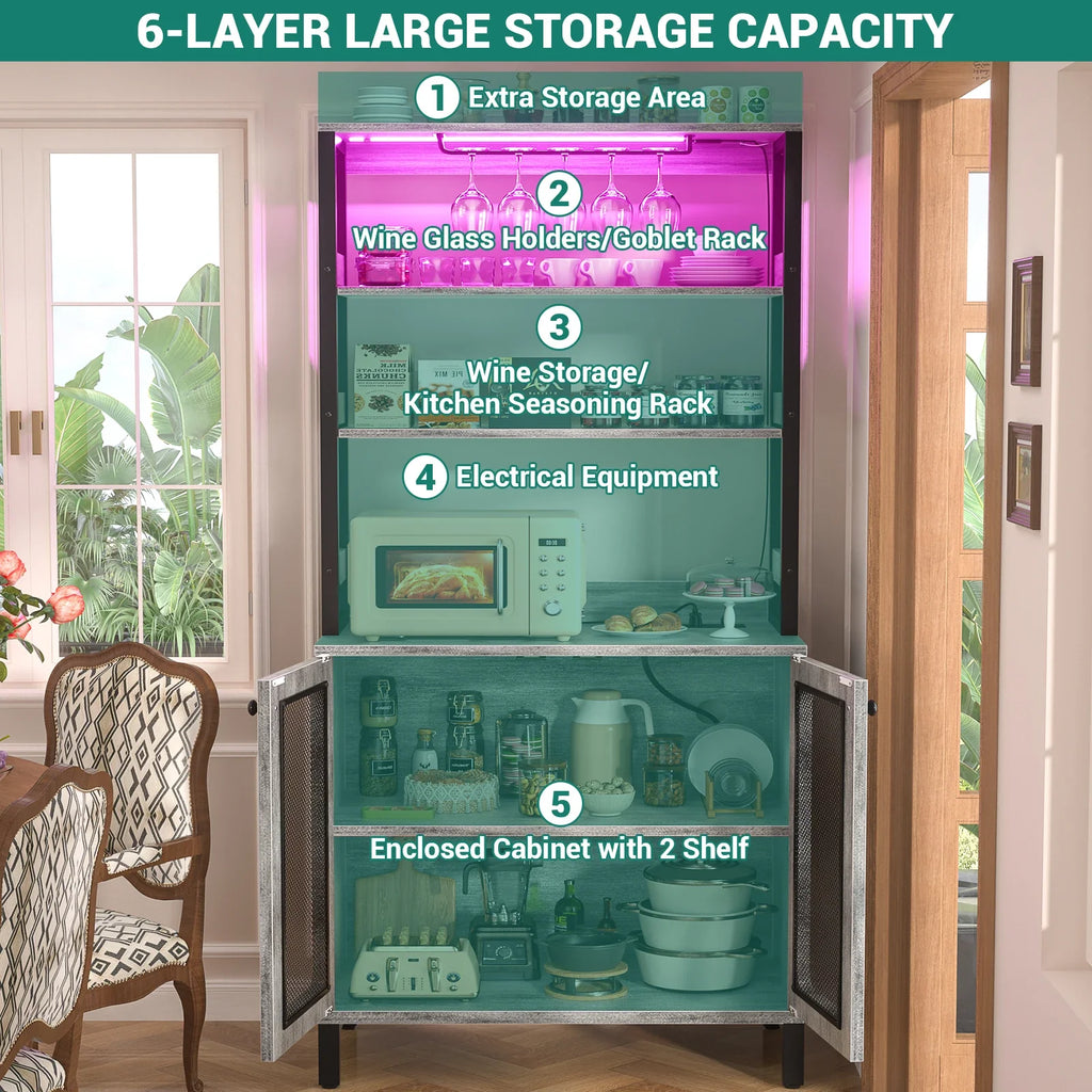 67" Tall Bar Cabinet with LED Lights And Glass Holder - Wine Liquor Cabinet with Power Outlets for Living Room Coffee Bar Station Microwave Stand Bakers Rack, White Oak