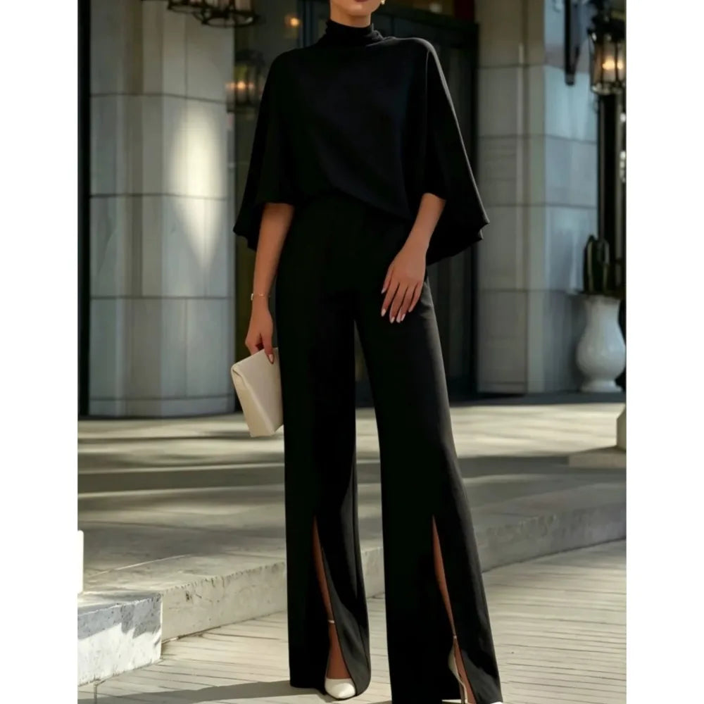 Autumn Women's Half Turtleneck Shawl Top Fashion Slit Wide Leg