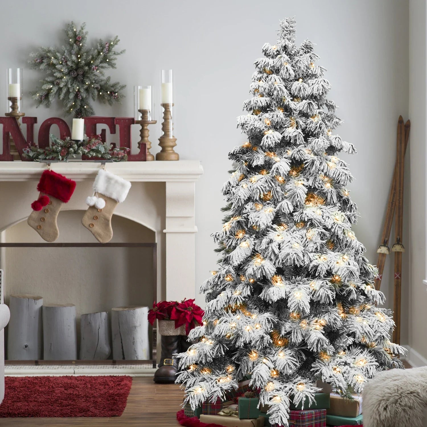 8 Foot Flocked Scarecrow-Shaped Christmas Tree with 470 LED Lights, 1242 PVC Memory Wire Tips, Power Pole Hinged Easy Setup Snowy Holiday Tree with Metal Stand
