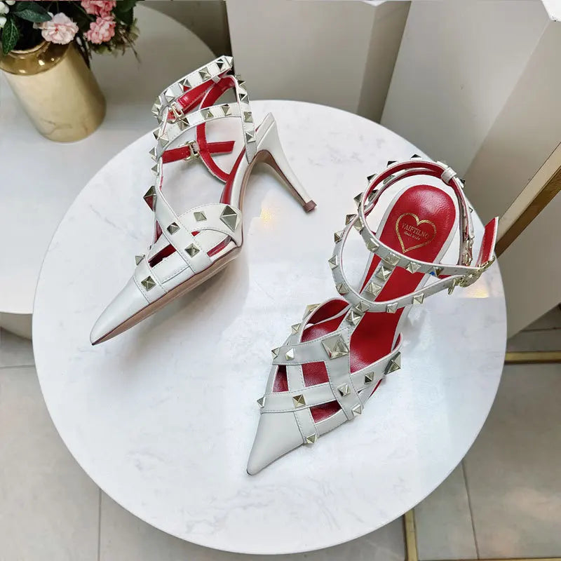 2026 Spring/Summer New High Heel Riveted Sandals Pointed Fine Heel Sandals Riveted Single Shoes