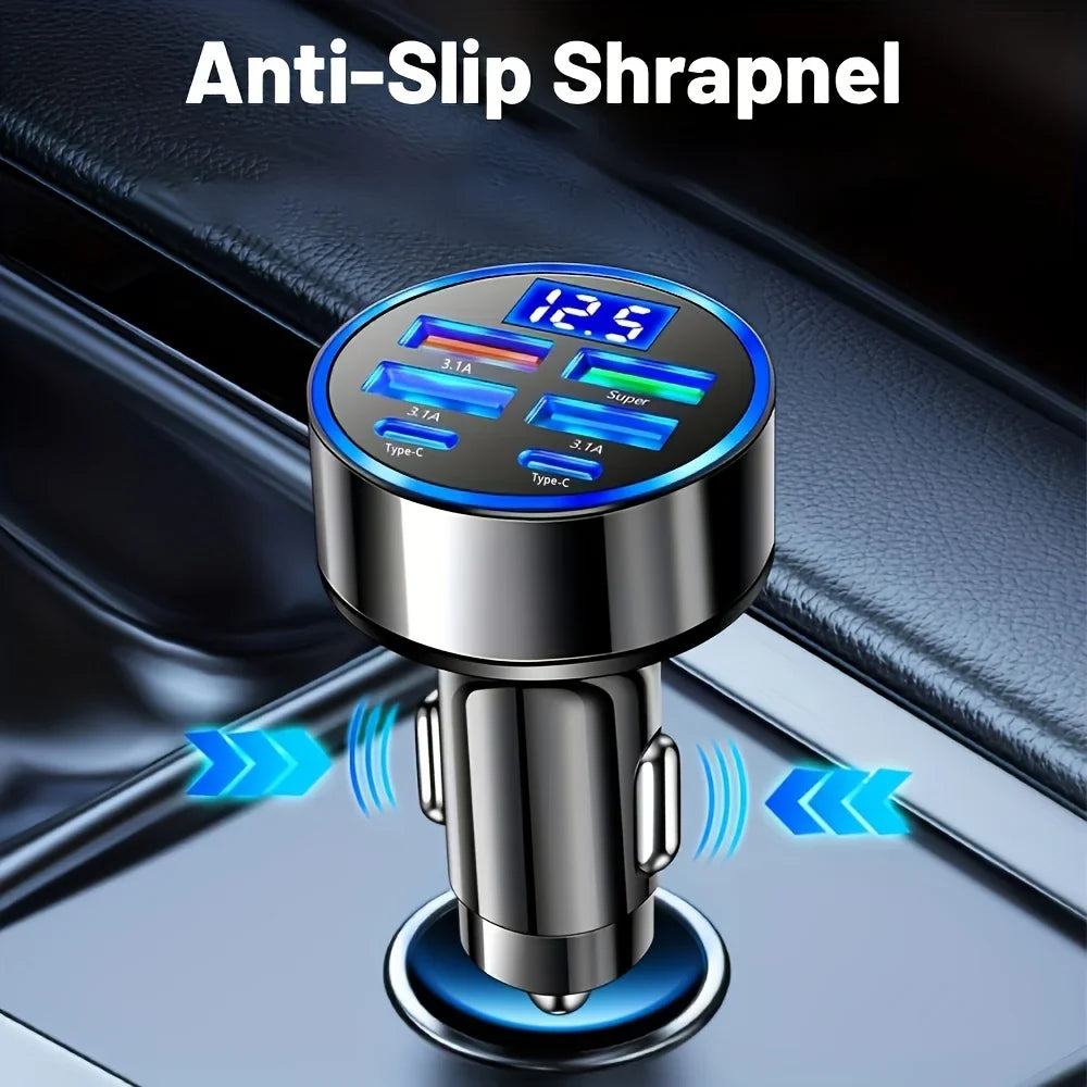 6-In-1 Fast Charging Car Adapter 3.1a Dual Type-C Digital Display