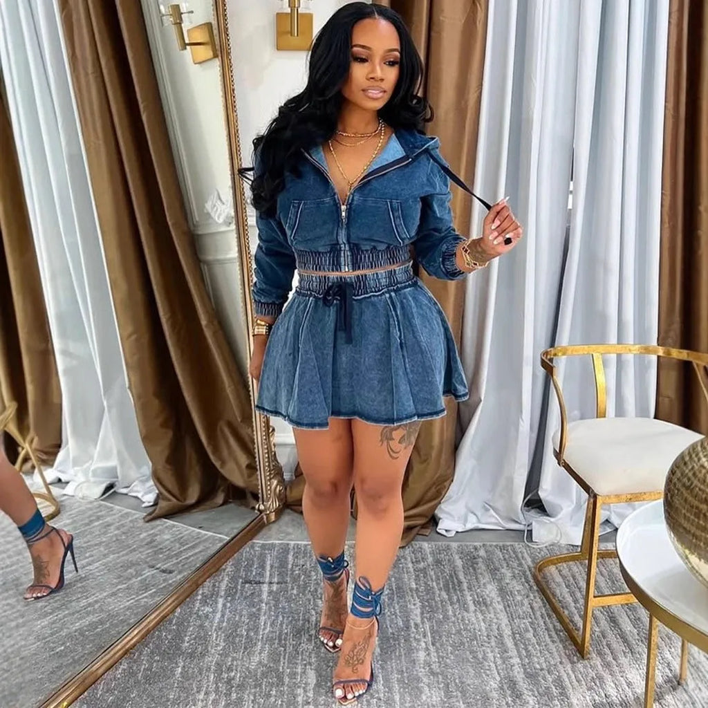 Autumn Women's Clothing Matching Sets Long Sleeve Denim Jacket Short