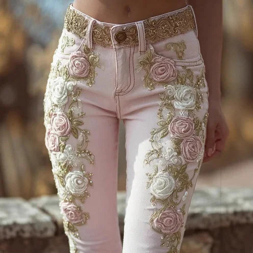 Women's pants 2025 women's retro pink rose embroidery art print jeans with elegant temperament