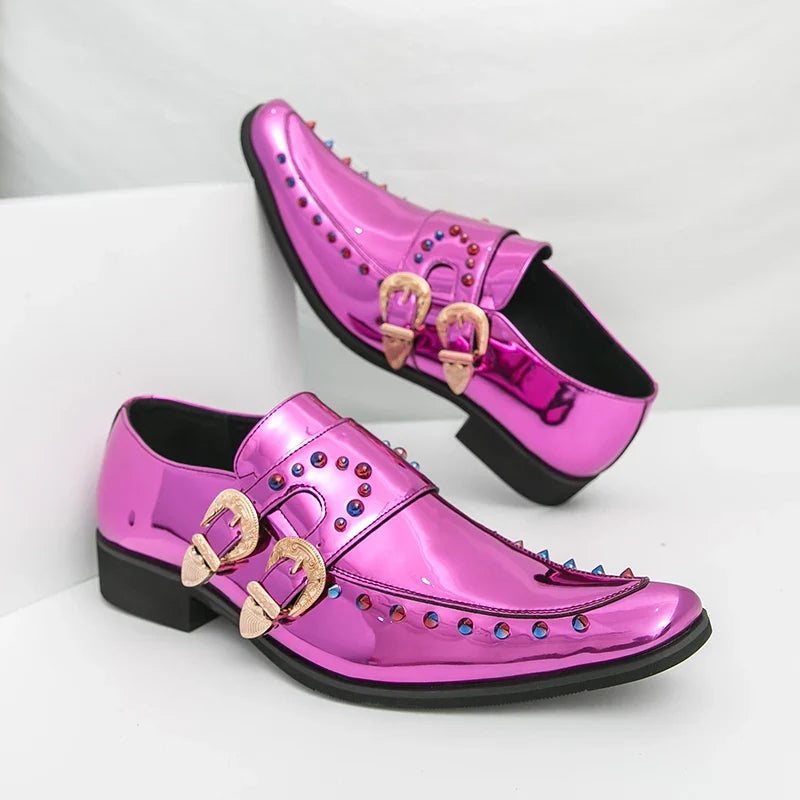 New Gold Men Dress Shoes Rivet Breathable Square Toe Double Buckle
