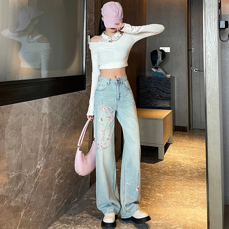 French Pink Flower Embroidered Jeans Women Spring and Autumn New High Waist Fashion Slim Wide-Leg Pants Embroidered Straight Pan
