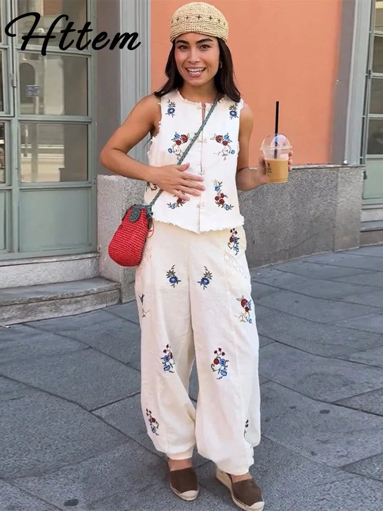 Casual Print Top Pants Women Set Elegant O-Neck Sleeveless Button Vest