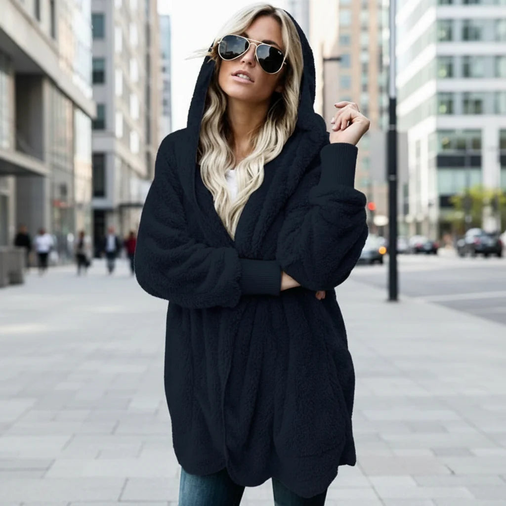 Double Fleece Plush Hooded Cardigan Jacket Women