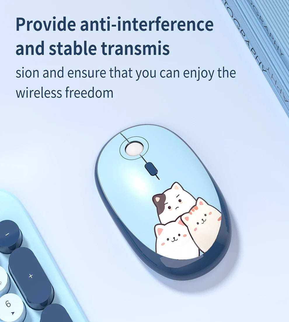 JOMAA™ Retro Cute Cat Wireless Keyboard & Mouse Combo – 104 Keys, Round Keycaps, 2.4GHz, Ergonomic, Auto Sleep, Multi-Language, Beige & Blue | FlipStylez LLC®
