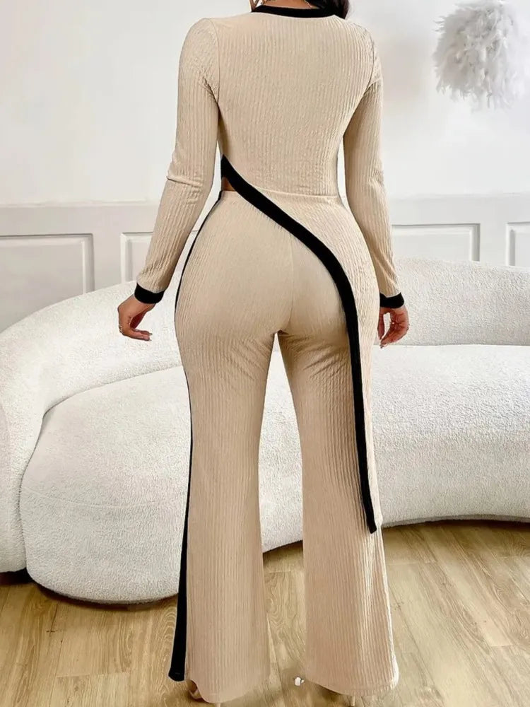 Spring New Casual Trousers Set Woman Irregular Tops Wide Leg Elastic
