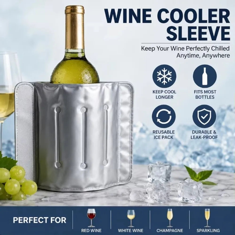 Rapid 33cm x 18cm Wine Cooler Bag Reusable Silver Finish Insulated Wine Sleeve Ice Less Refrigerant Gel Gel Cooler Wrap Barbecue