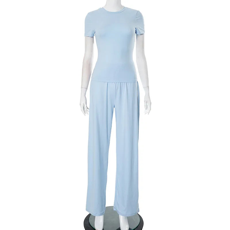 Casual Long Pants Suits Women O-Neck Short Sleeve T-Shirt Elastic