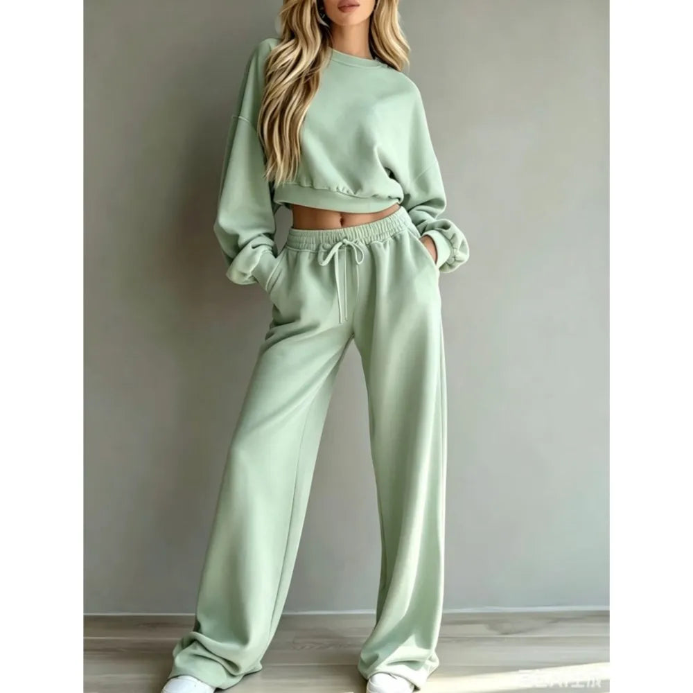 Autumn New Casual O Neck Long-Sleeved Ultra-Short Sweatshirt Trousers