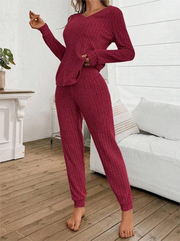 Casual V-Neck Knitted Pit Strip T-Shirt Long-Sleeved Womes Suit Autumn
