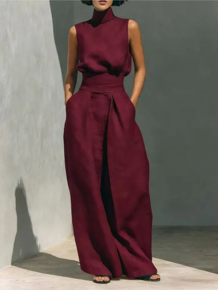 Casual Solid Cotton Linen Two-Piece Set for Women Sleeveless