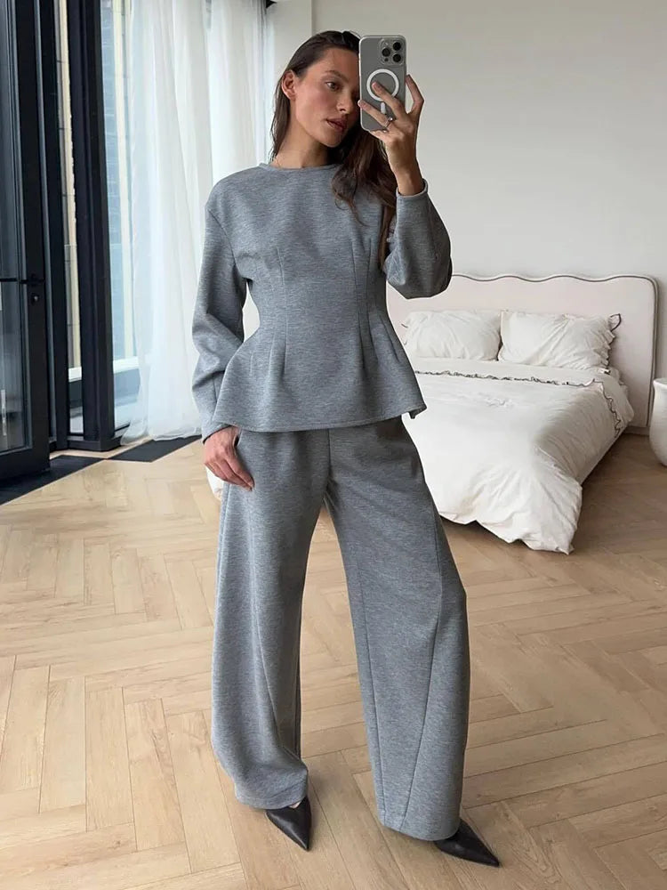 BJTZ Spring Autumn Women Solid Crew Neck Long Sleeve Top Wide Leg