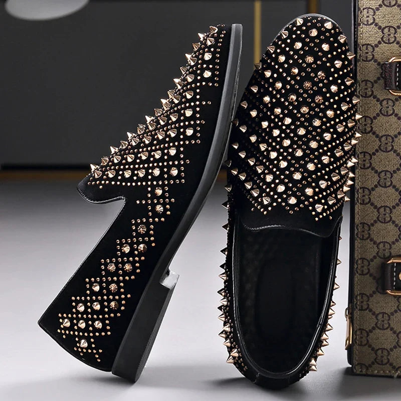 Fashion Designer New Gold Silver Punk Rock Rivet Leather Casual Shoes for Men Rhinestone Loafers Formal Wedding Dress Homecoming
