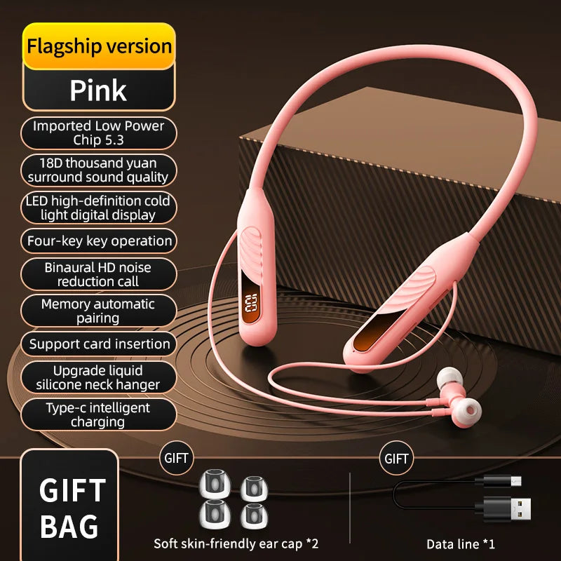 BT8 Wireless Bluetooth 5.3 Neckband Headset – 1800Hr Battery | LED Display | Deep Bass | Sports | Type-C | FlipStylez LLC®