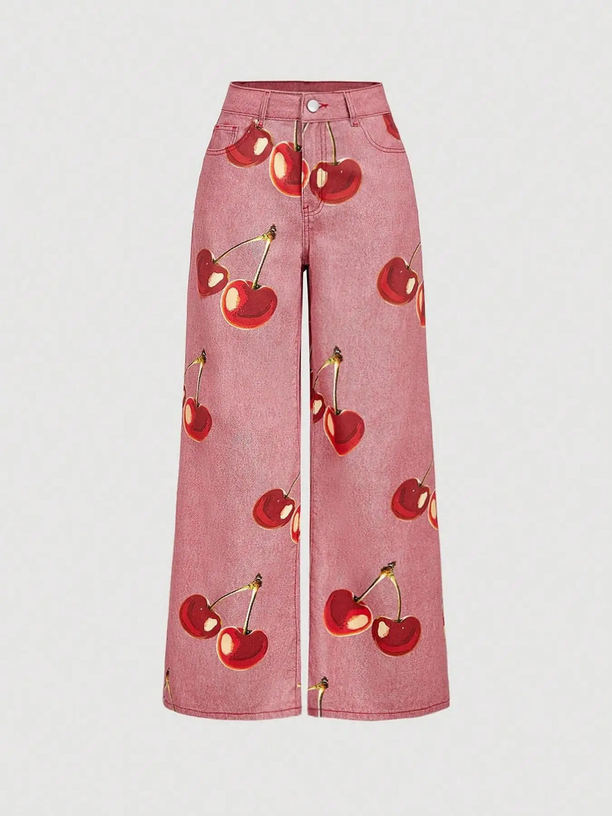 Sweet Girl Style Cherry Print Wide Leg Jeans High Waist Slimming Straight Pants, Casual Fashion Denim Trousers for Women