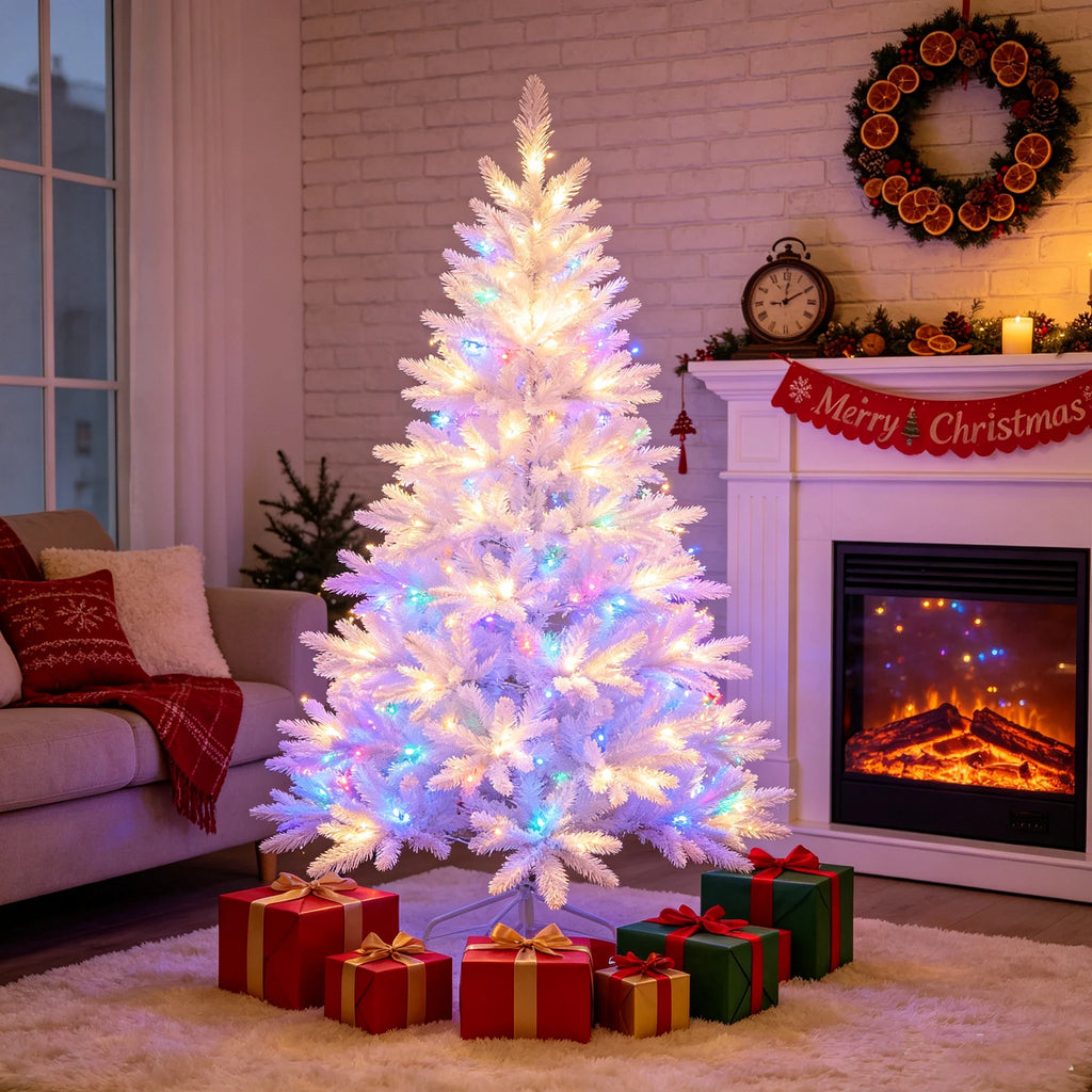 6FT Sliver Pre-Lit Artificial Christmas Tree Hinged Full Tree with Metal Stand 800 Branch Tips 300 LED Lights 11 Lighting Modes Holiday Decoration Tree for Indoor and Outdoor