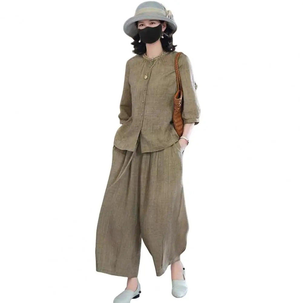 Plus Size Casual Suit Women 2 Piece Cotton Linen Sets, Button Down