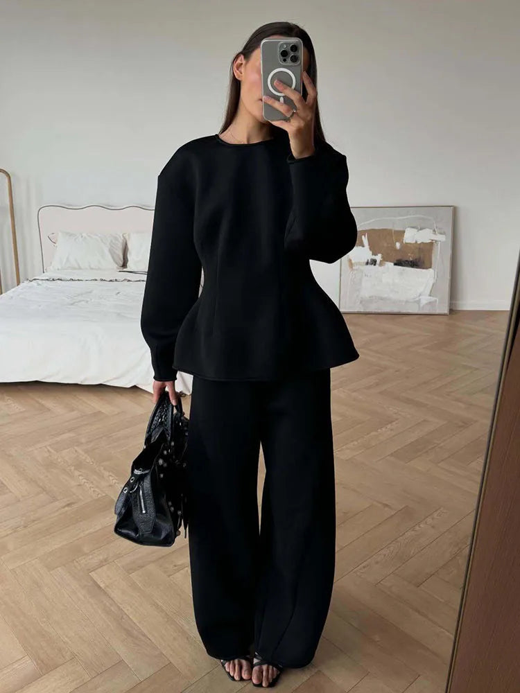 BJTZ Spring Autumn Women Solid Crew Neck Long Sleeve Top Wide Leg