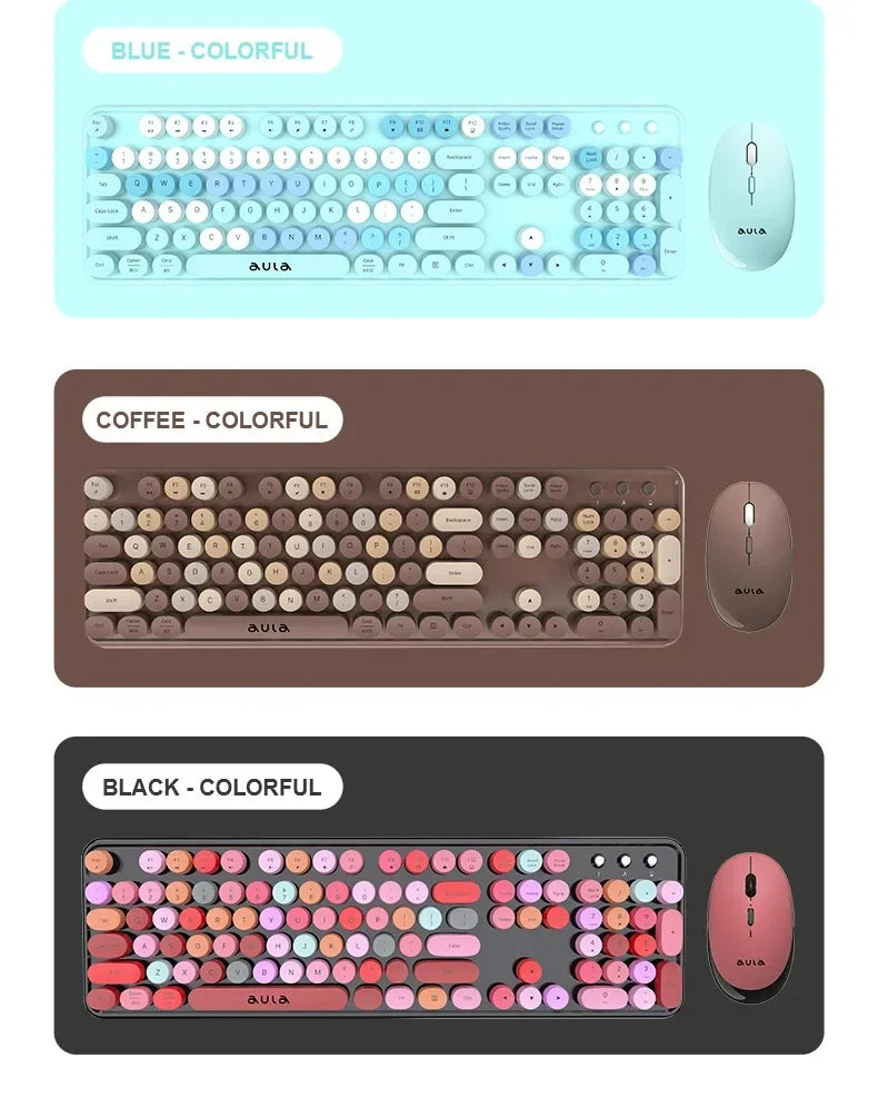 AULA AC306™ Wireless Retro Round Keycap Keyboard & Mouse Set – Silent 2.4G, Pink & Coffee | FlipStylez LLC®