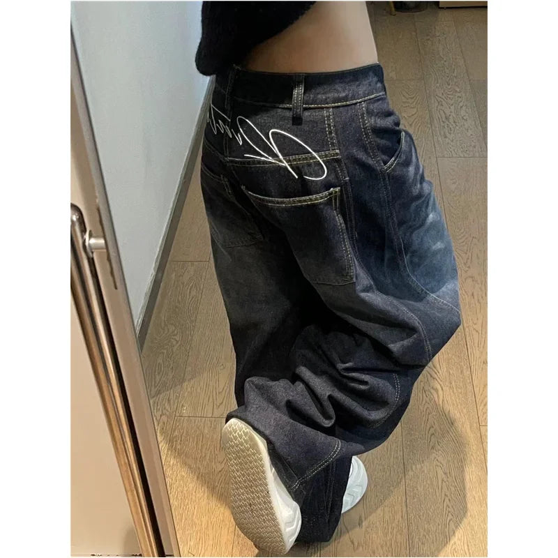 Black Womens Jeans High Waist Vintage Design Hip Hop Straight Baggy