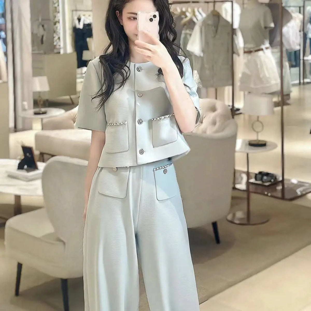 Short-sleeved New Age-reducing Fashion Temperament Top Wide-leg Pants Suit Summer Two-piece Set Conjunto Femenino