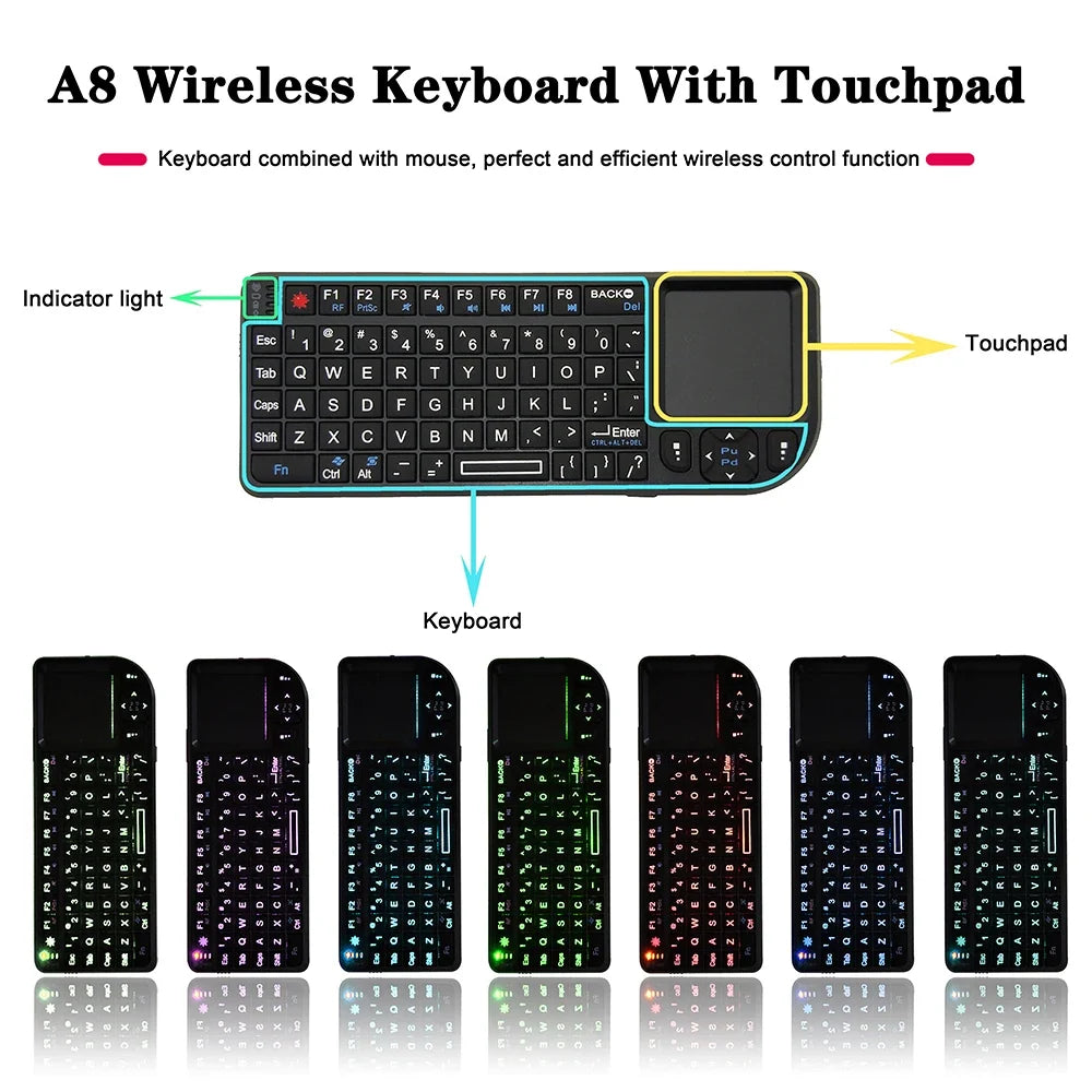 Kebidumei A8™ 3-in-1 Mini 2.4G Wireless Keyboard with Touchpad & Mouse – Backlit, Rechargeable, English & Russian | FlipStylez LLC®