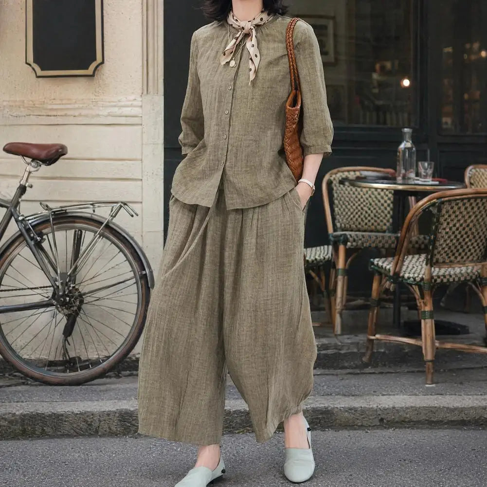 Plus Size Casual Suit Women 2 Piece Cotton Linen Sets, Button Down