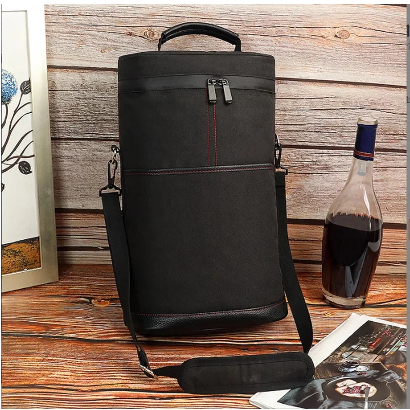 Portable Outdoor Wine Cooler Bag, Holds 2 Bottles 750ml Red Wine Beer, Handheld Insulated Travel Wine Carrier with Glass Storage