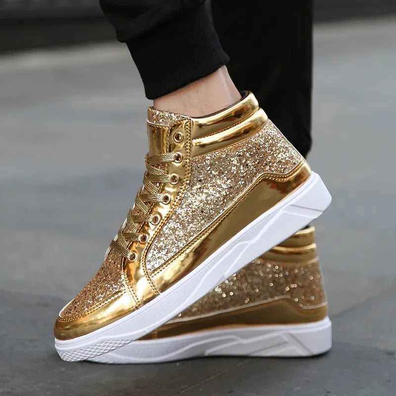 Fashion Men High Top Sneakers Male Ankle Boots Gold Luxury Glitter