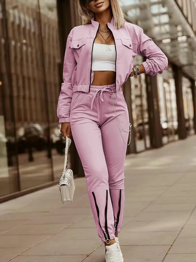 Autumn Women's New Zipper Short Long Sleeve Suit Solid Color Fashion