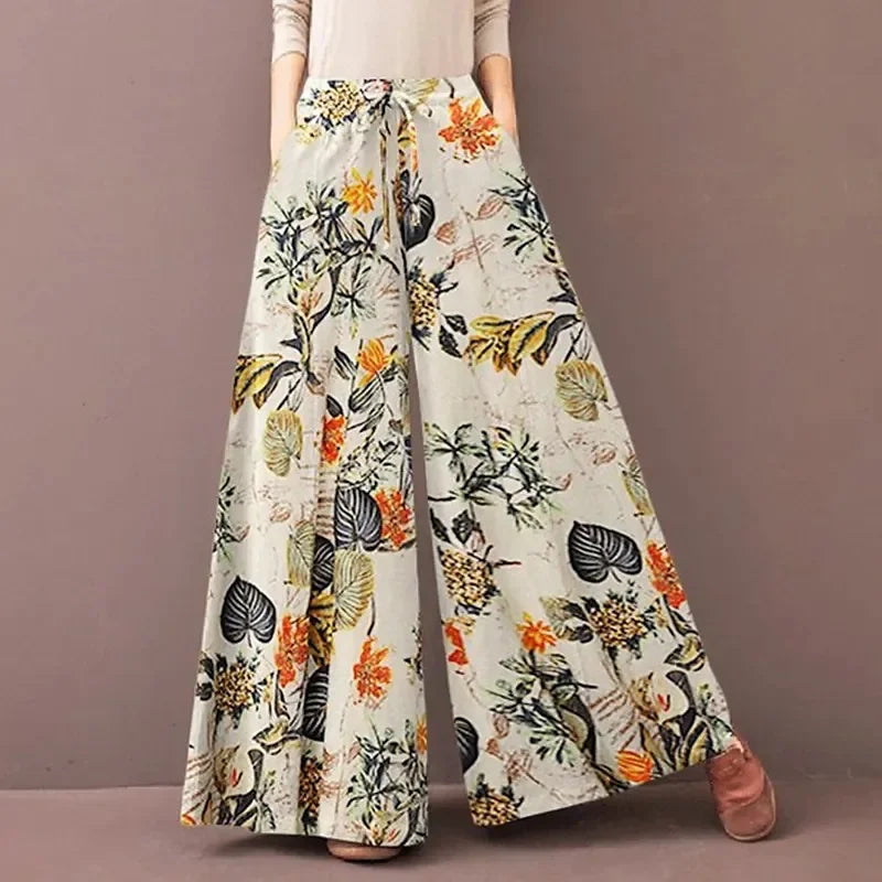 Floral Print Wide Leg Women Pants Spring Drawstring Bohemia Trousers Lady Casual Loose Elastic Waist Pantalonsw Plus Size