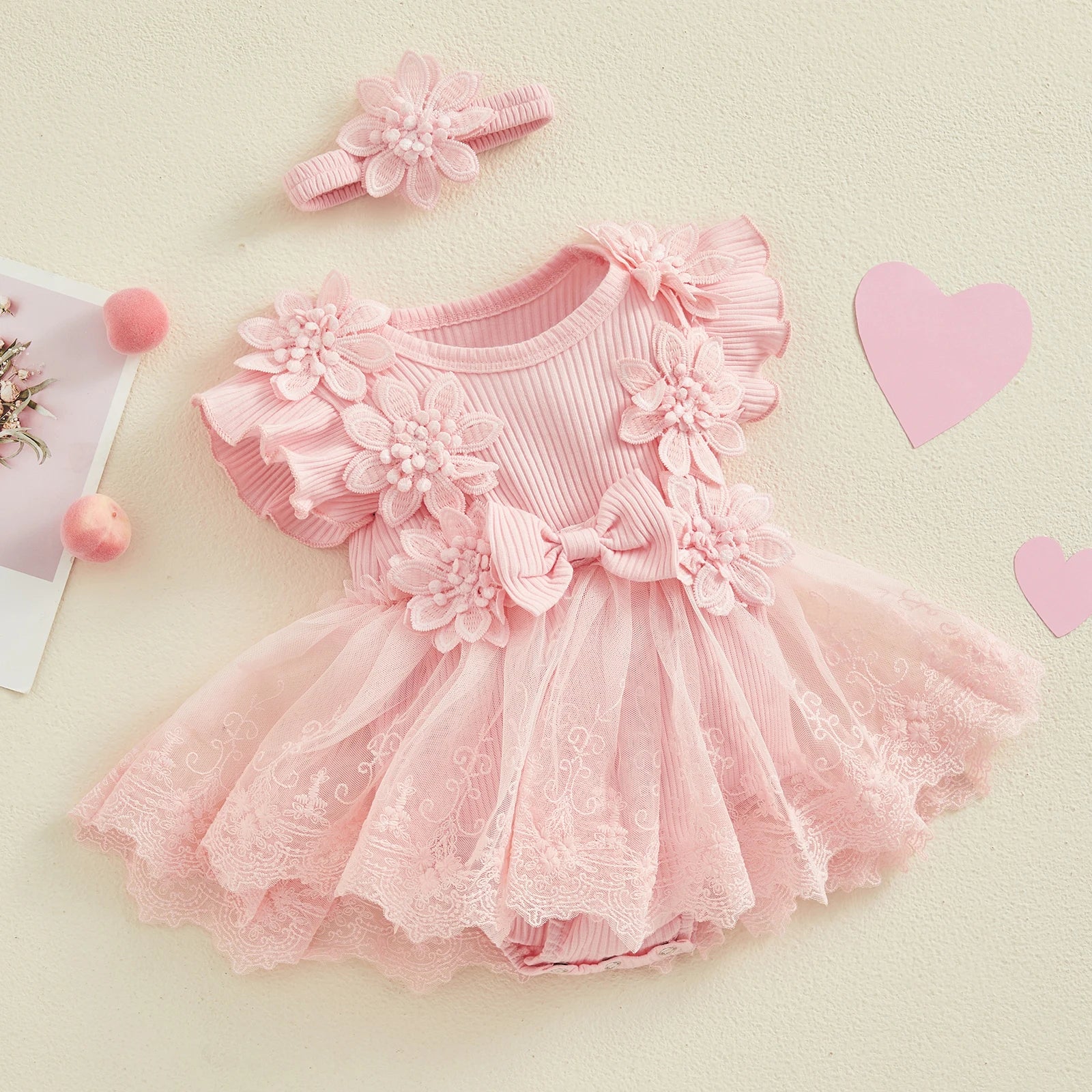 3D Flower Summer Baby Girls Romper Princess Mesh Newborn Clothes Lace