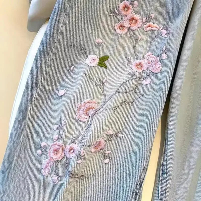 New Pink Flower Embroidered Jeans Women Spring  Autumn High Waist Fashion Slim Wide-Leg Pants Embroidered Straight Pant