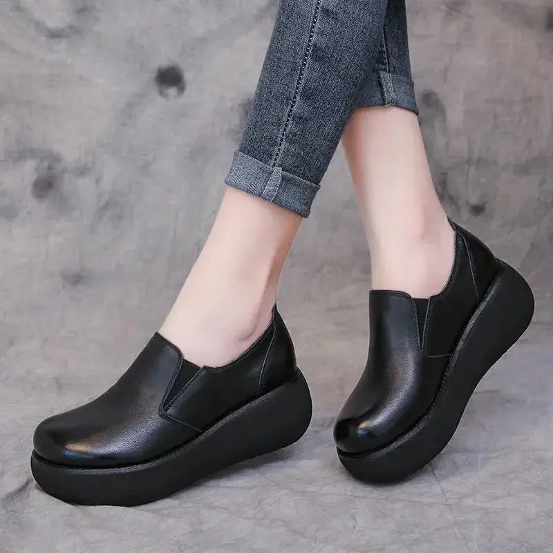 Leather Wedges Shoes Loafer Round Toe Platform Pumps Slip on Leisure