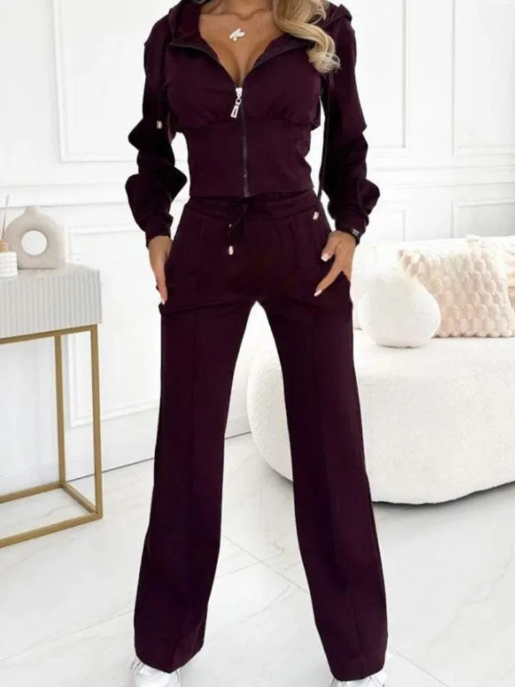 Autumn Casual Solid Sportswear Women Set Fashion Zipper Hooded