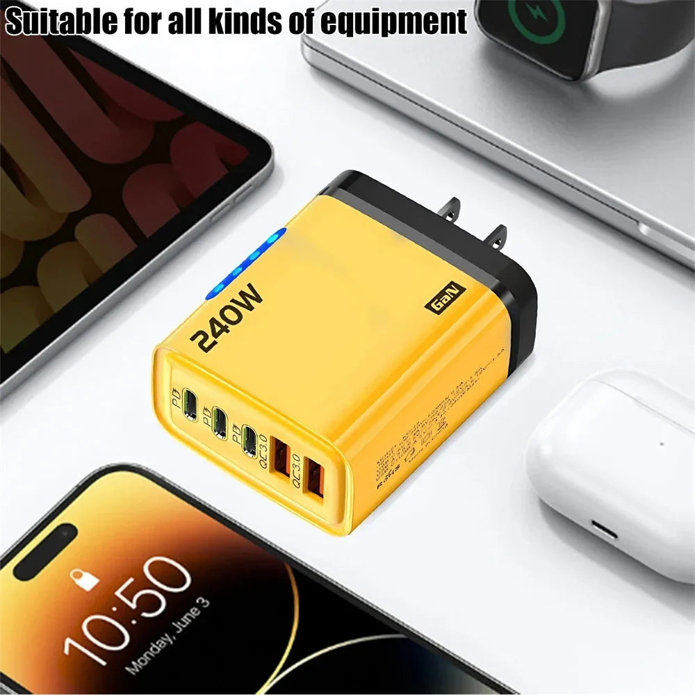240W 5 in 1 USB C GaN Desktop Charger Fast Charge Phone Adapter 10A Type C Cable For iPhone Samsung Xiaomi EU/US/UK Plug Charger