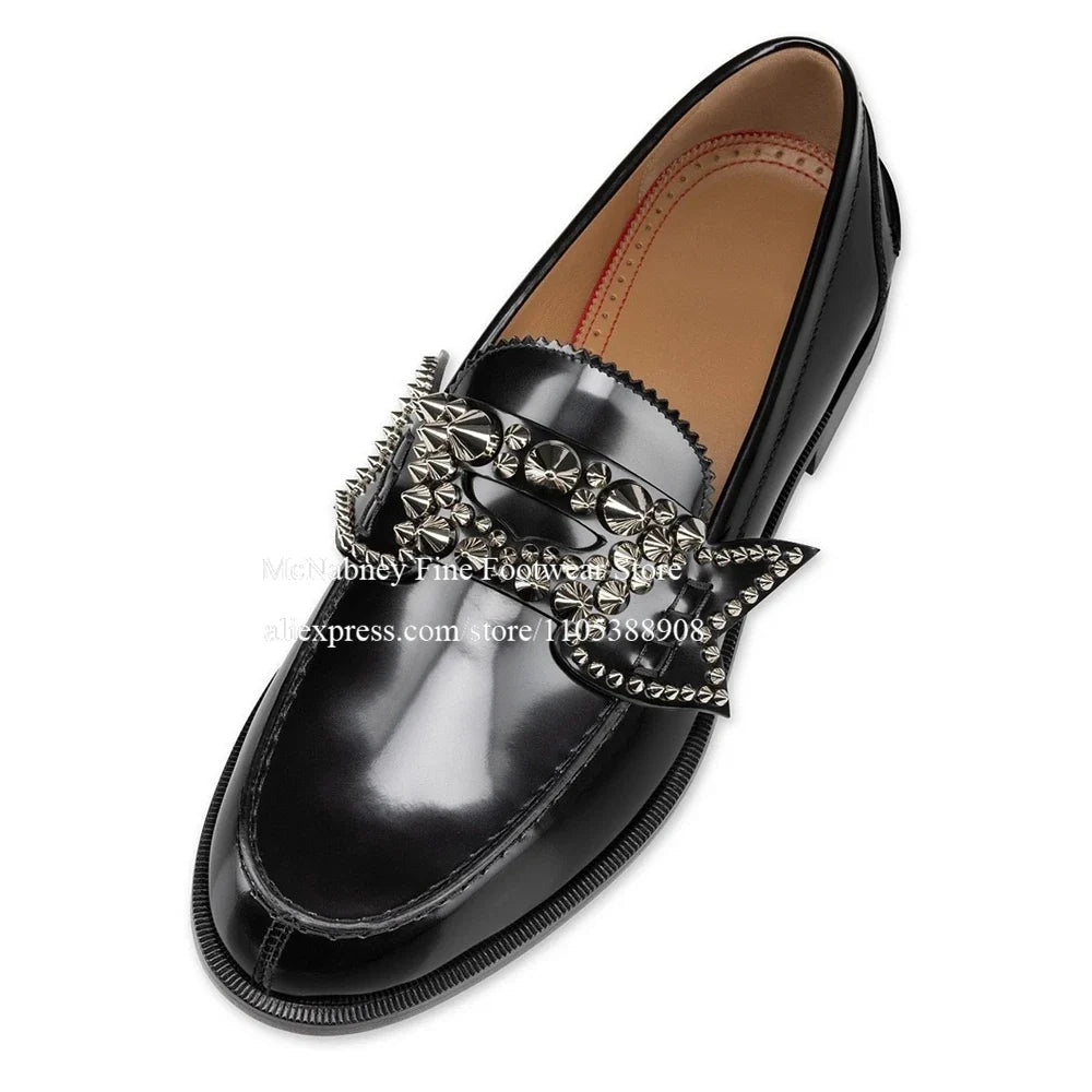 Glossy Silver Spiked Leather No Penny Loafers Men Round Toe Studded Bow Decor Slip on Dress Shoes Party Nightclub Street Shoes