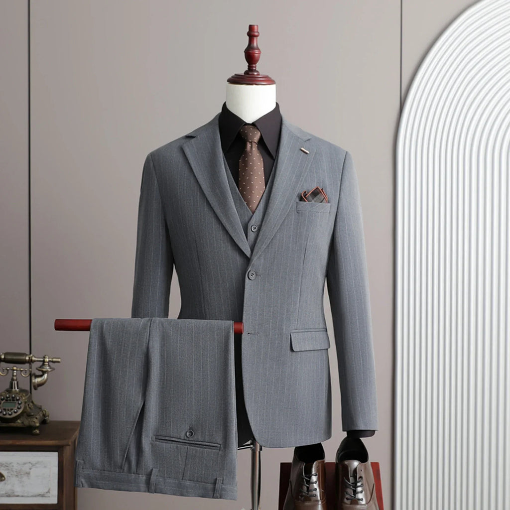 A Stylish and Cool Striped Casual Business Three-Piece Suit Set for