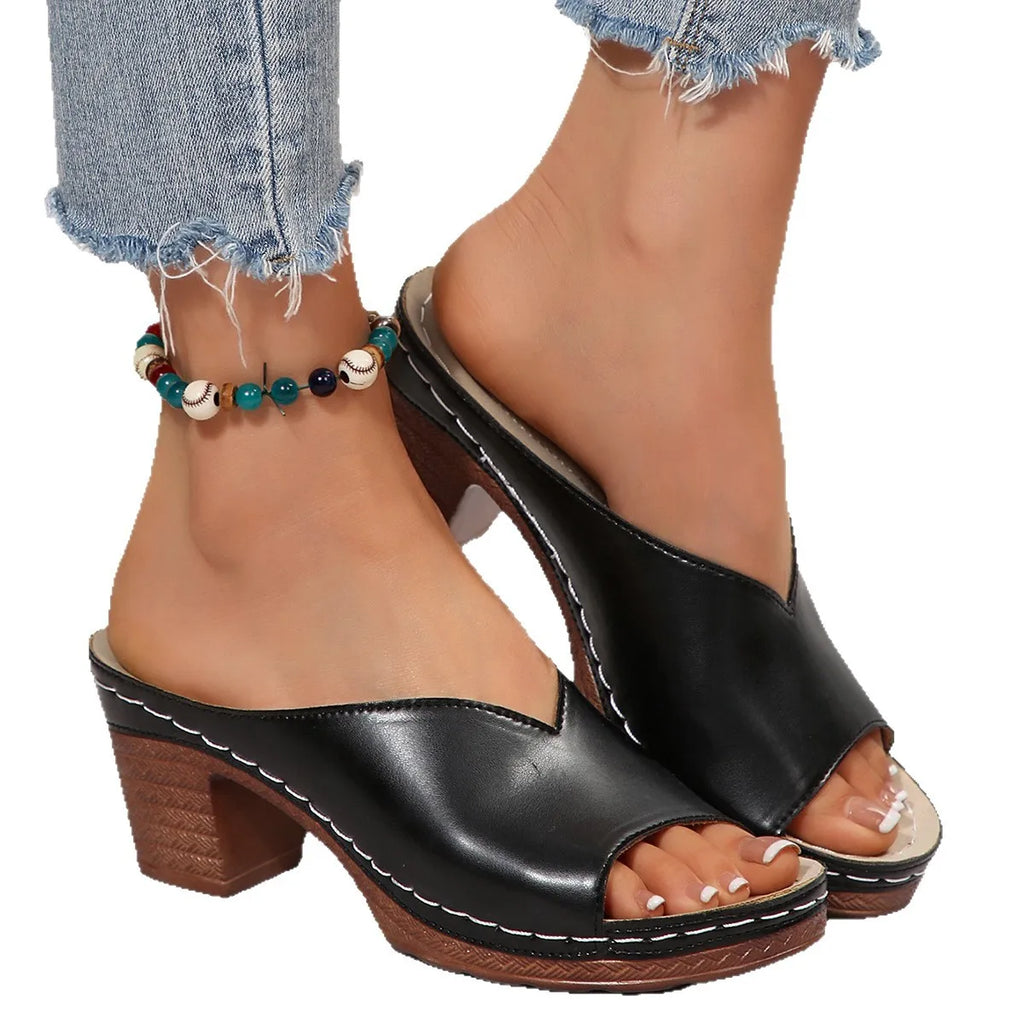 Women's Open-Toe High-Heel Slippers Summer New Fashion Outdoor Wear Slip-On Shoes 36-43 Sizes Polyurethane Upper Cushioning