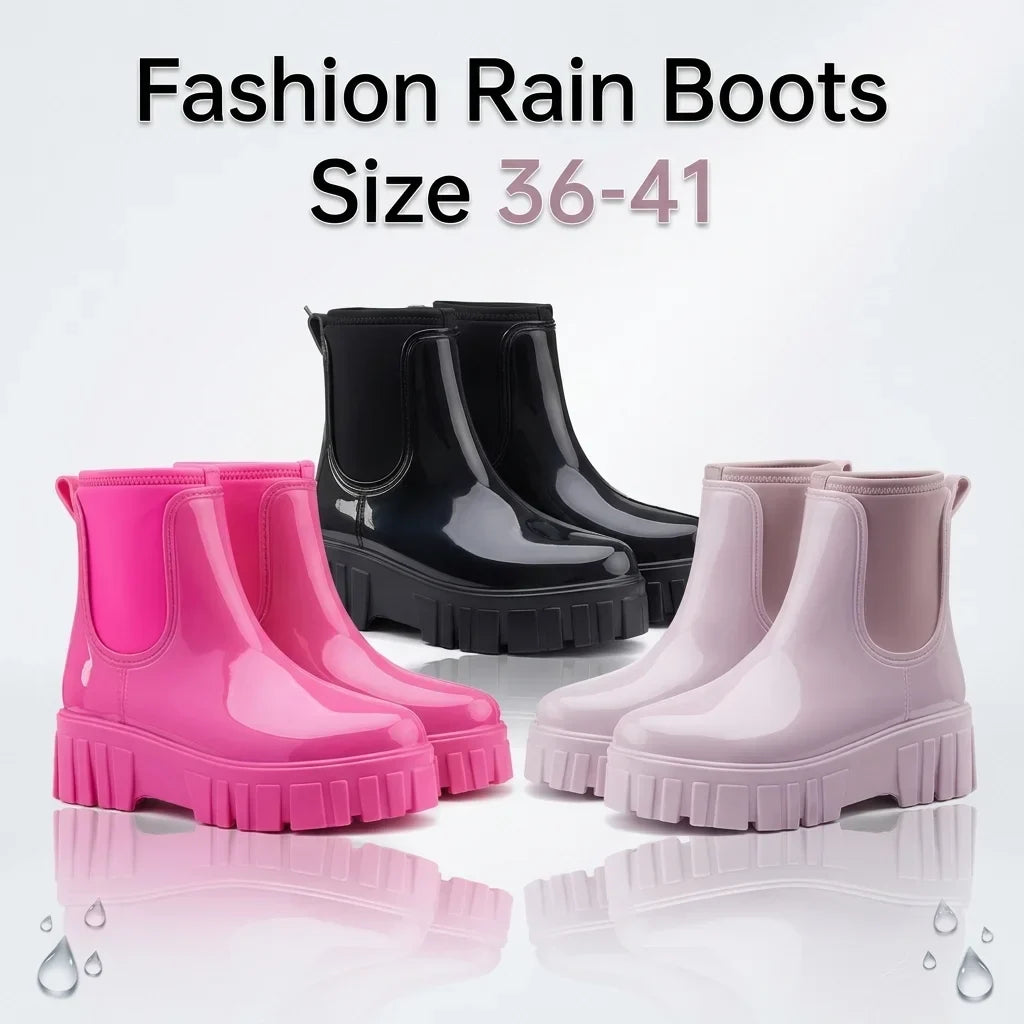 PVC Fashion Rain Boots Shoes For Women Solid Anti-slip Wear-resistant Thick Soled Shoes Low Cut High Top Round Toe Waterproof Water Shoes