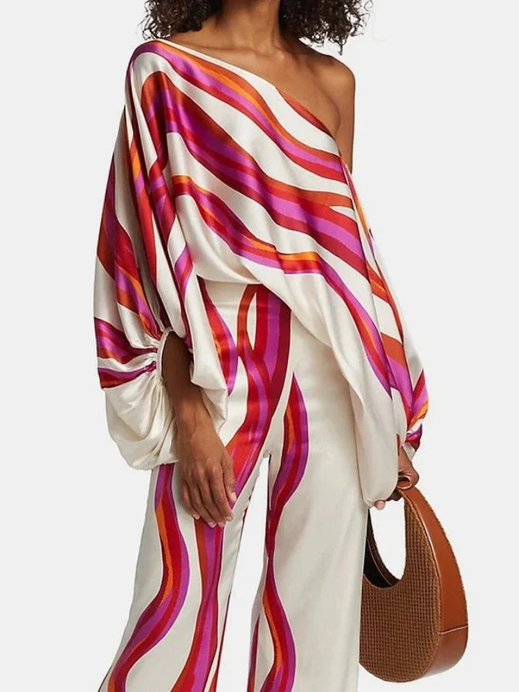 Women's Printed Satin 2-piece Set, Off Shoulder Lantern Sleeve Top, Wide Leg Pants, Elegant Office Shirt Traf Official Store