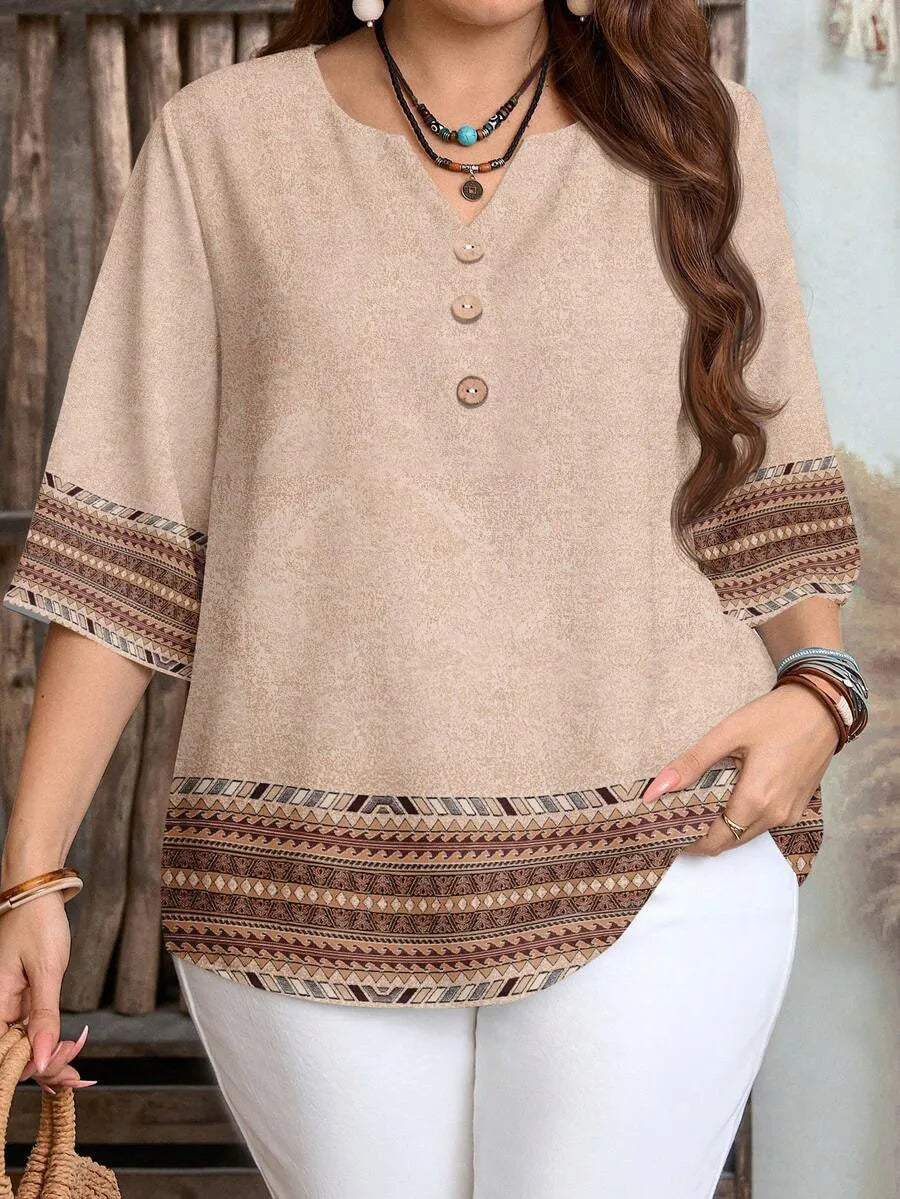 Plus size women's spring/summer/autumn new retro pattern front button leisure short sleeve shirt essential summer outfit