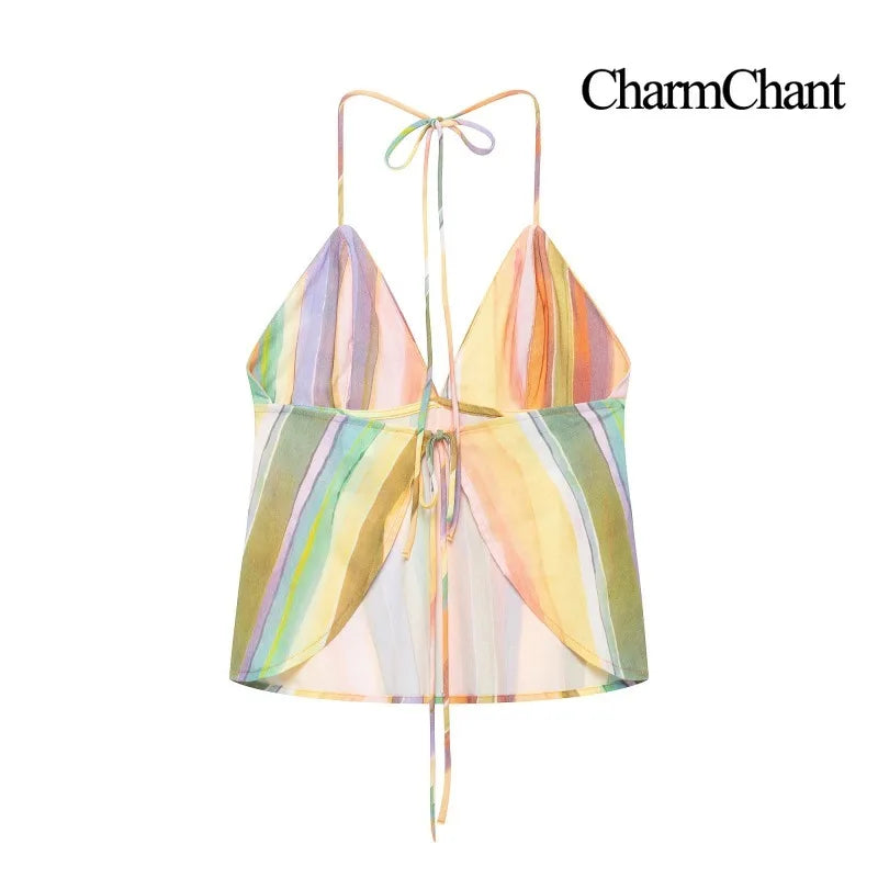 Charmchant Women's Colorful Stripe Two Piece Outfit Halter Backless