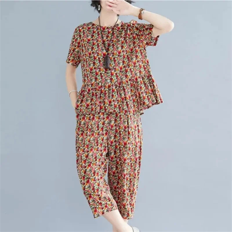 5XL Middle Aged Female Pants Suit Cotton Two Piece Set Women Summer