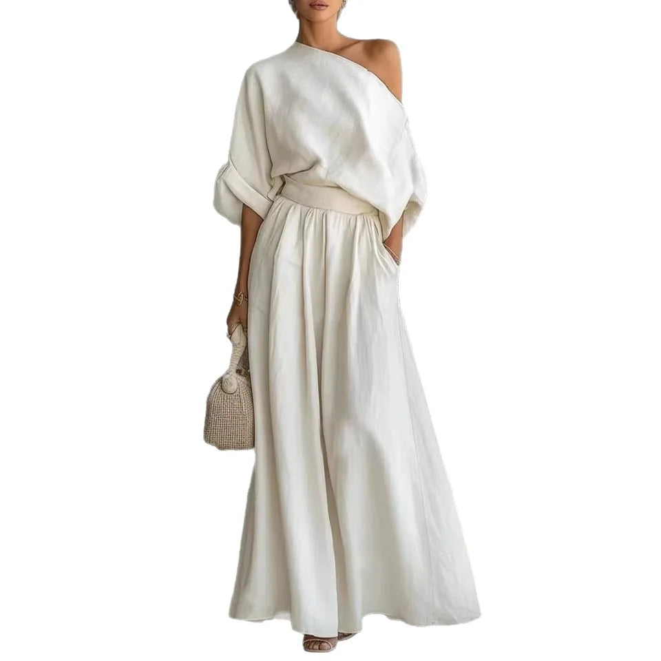 Elegant Two-Piece Short Sleeve Top & Casual Pants Set Woman Sexy Slash