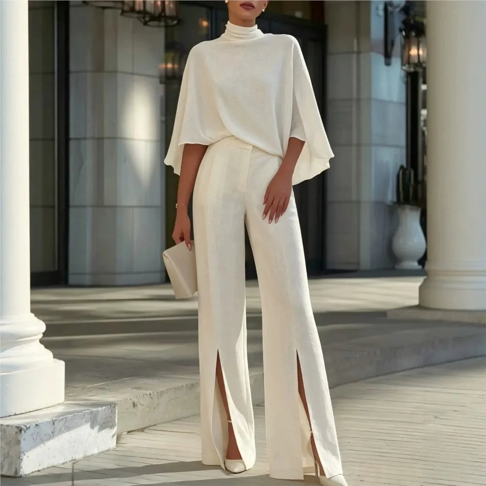 Autumn Women's Half Turtleneck Shawl Top Fashion Slit Wide Leg