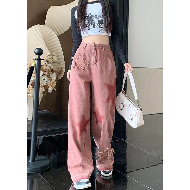 Women Streetwear Pink Jeans Vintage Star Print High Waisted American Retro Wide Leg Denim Pants Hip-hop Straight Y2K Trousers